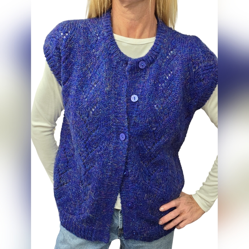 Vintage 80s Wang Kong Blue Metallic Shimmer Knit Cardigan Vest M
